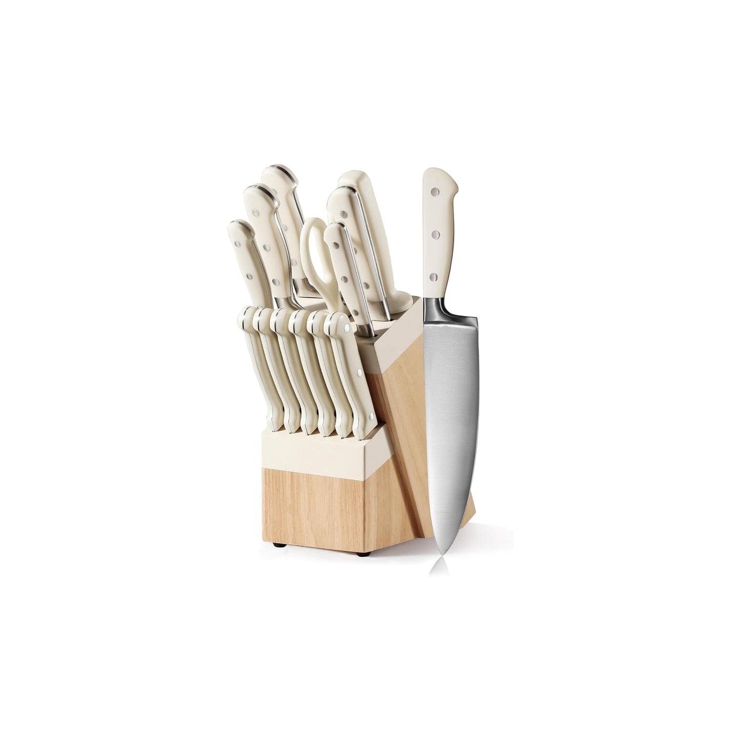 LEICAST 14 Pieces Knife Set with Block, Forged, High Carbon Stainless Steel Sharp Blade Block Knife Set, Dishwasher Safe Cutlery, Cream